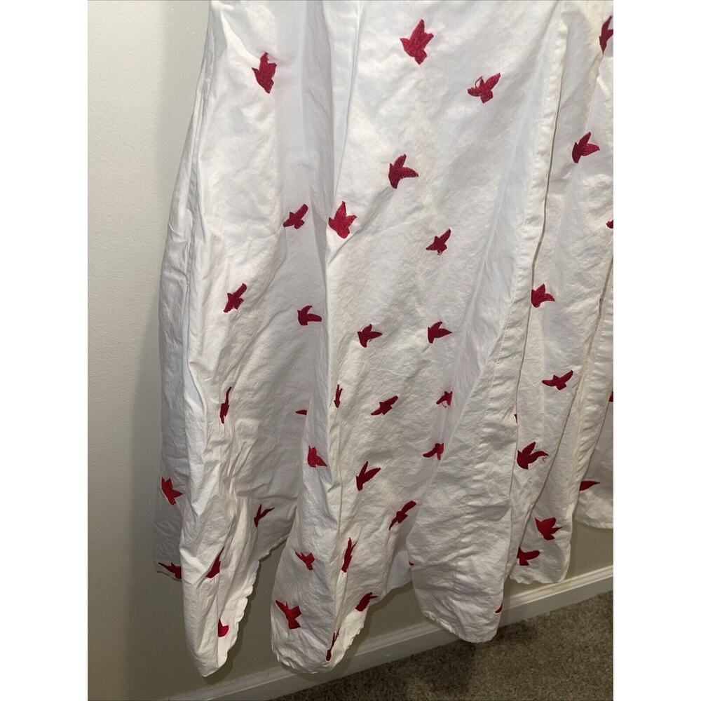 Eshakti Size L 14 Red White Stripe Bird Dress Full Flare Skirt Sleeveless Pocket - Picture 4 of 15